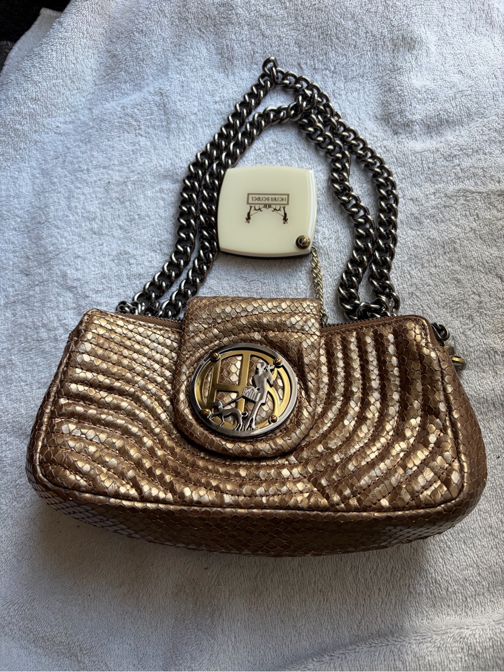 Vintage Henri Bendel Metallic Bronze Snakeskin Shoulder Bag with Emblem